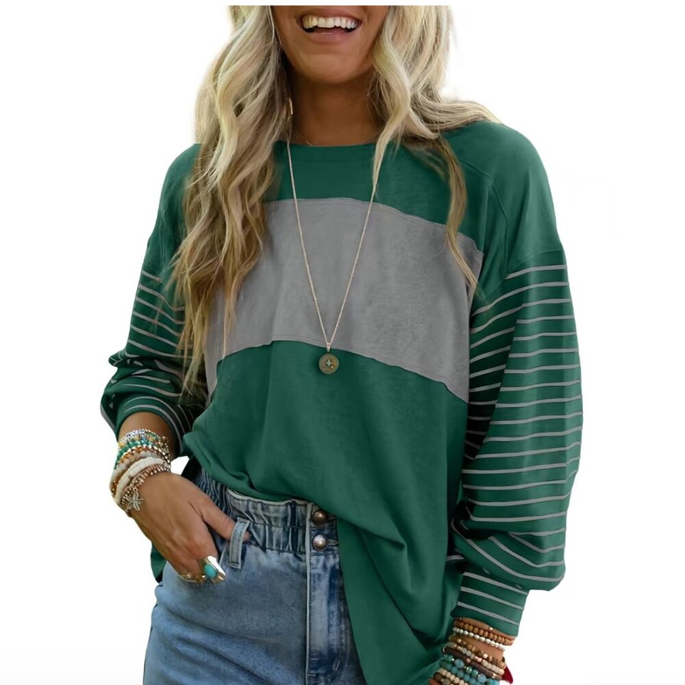 Green and Gray Colorblock Long Sleeve Tee